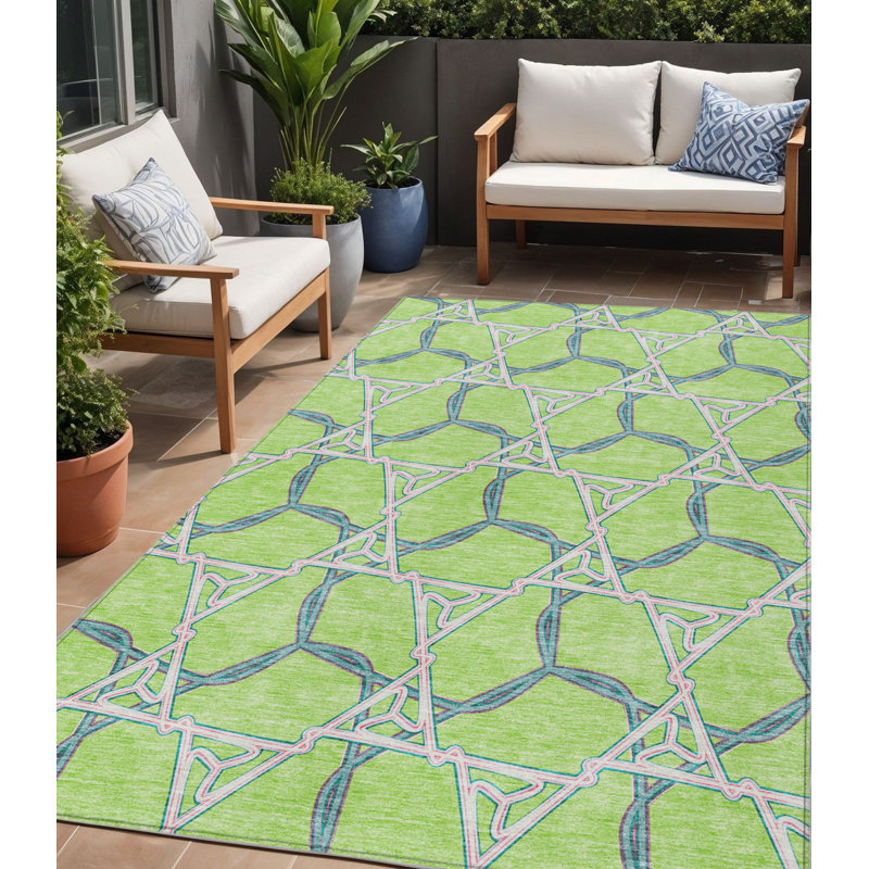 Tapis extérieur lavable géométrique vert et bleu lime 5 pi x 8 pi