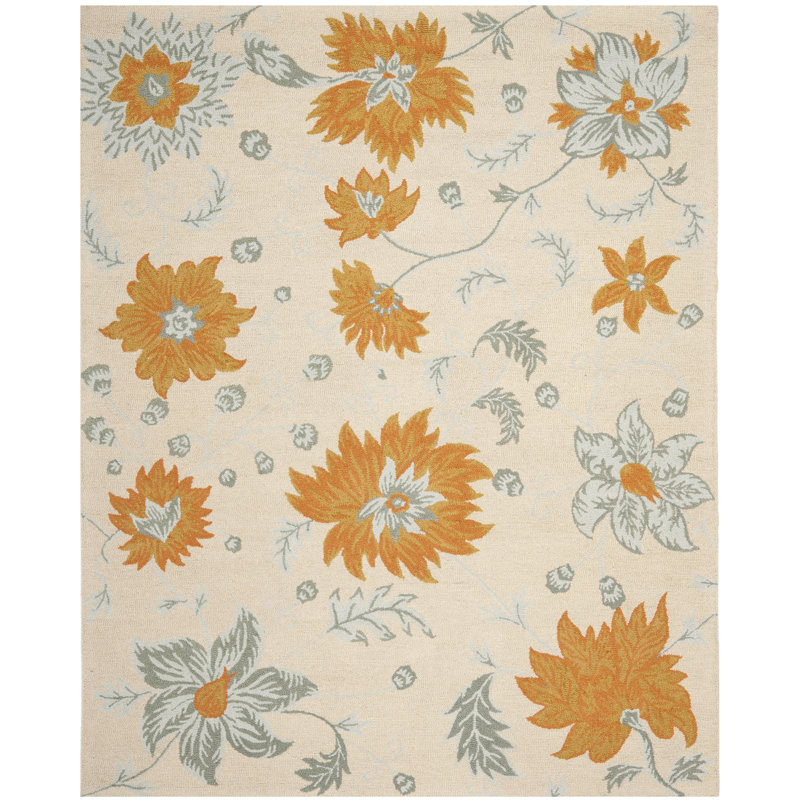 Jahiem Floral Hand Hooked Wool Ivory Area Rug, Rectangle 3' x 5'