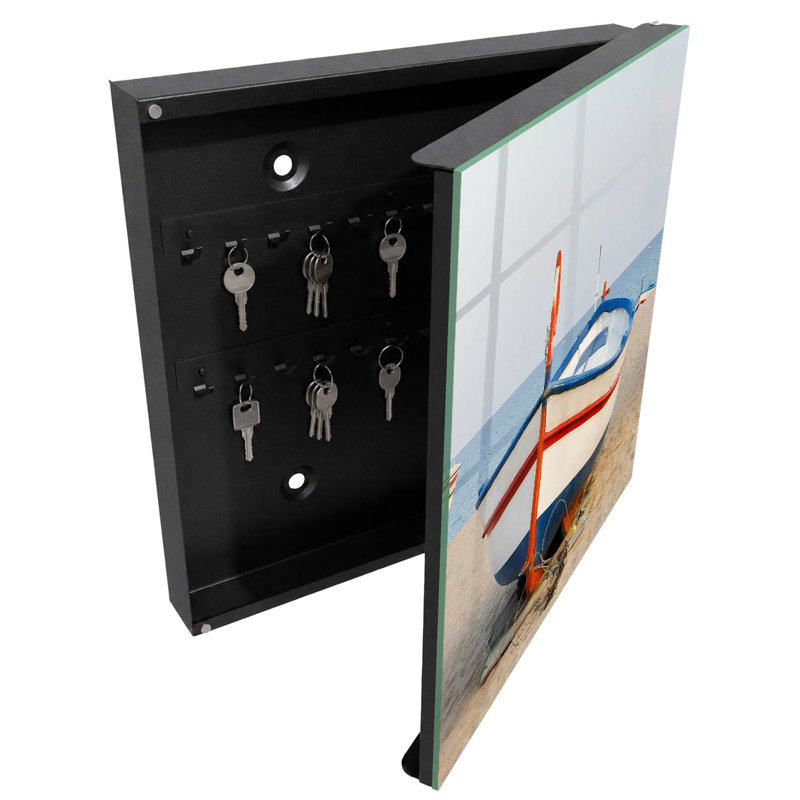 Wall mounted key box, Opens to the right, 30x30x5, White, A boat on the beach in the sunshine, 