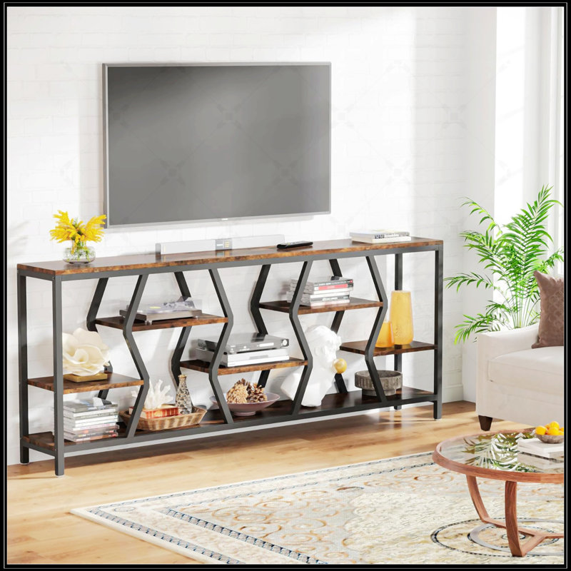 Console industrielle 70,9 pouces avec 4 tablettes en bois à 4 niveaux, rangement étroit pour le salon et le couloir