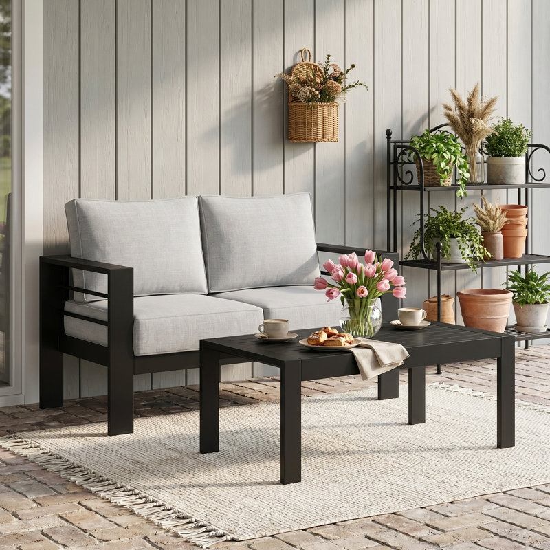 Ensemble de conversation pour l'extérieur en aluminium avec coussins 2 personnes, 2 pièces: table basse, causeuse, Grey