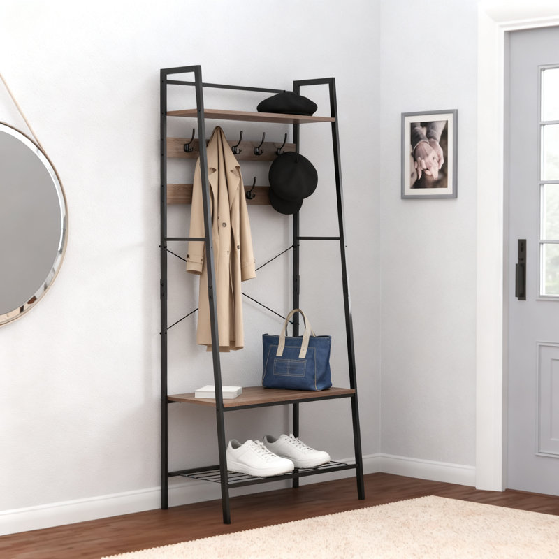 Hall Tree With Storage Bench, 9 Double Hooks And 3-Tier Ladder Shelf | Entryway Organizer For Mudroom, Hallway And Garage
