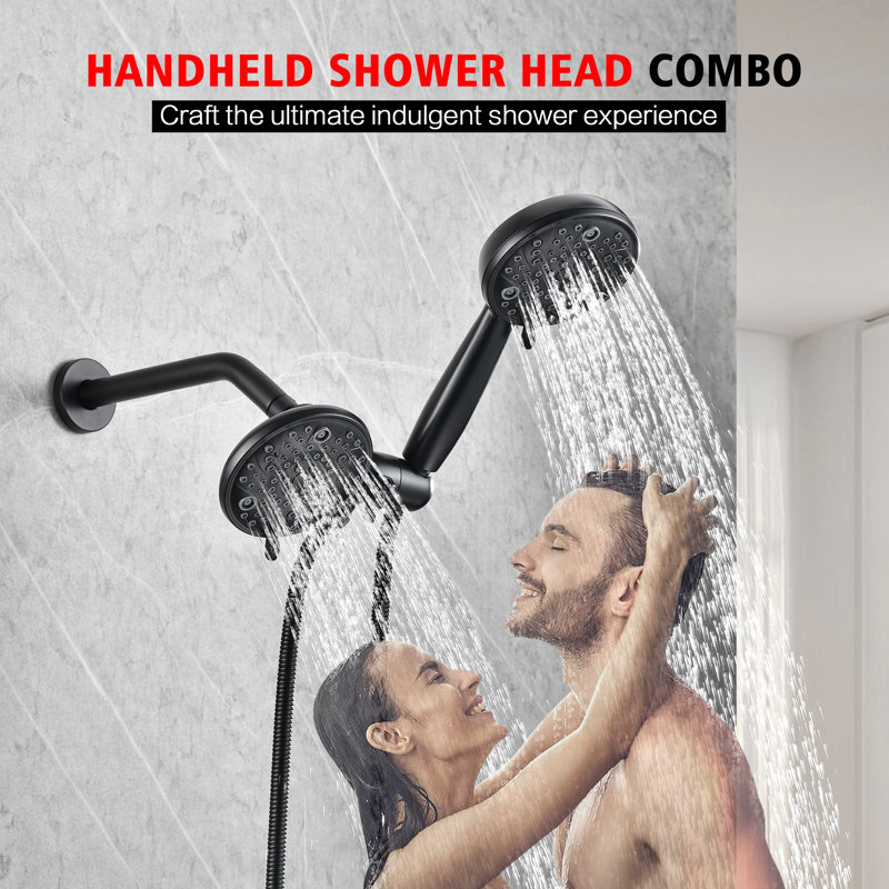 Pomme de douche double combinée avec douchette S4367k-mb - 8 modes de jet réglables, finition noir mat, système de bras de douche avec tuyau en plastique facile à nettoyer et sans enchevêtrement