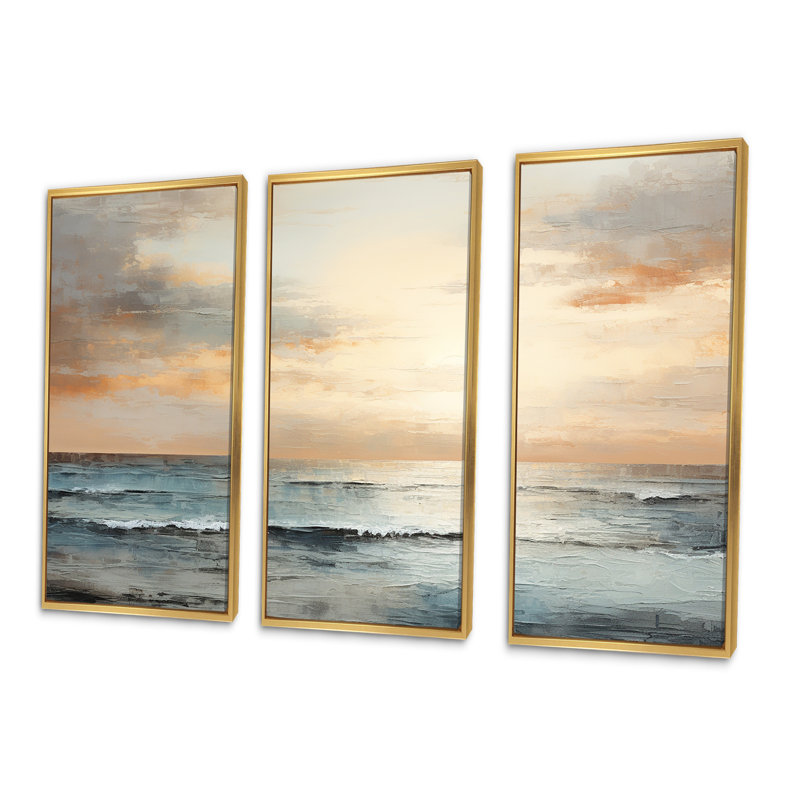 Pirtle - Ensemble de décoration murale coucher de soleil côtier, Cadre flottant doré, H 32 po x l 48 po x P 1 po
