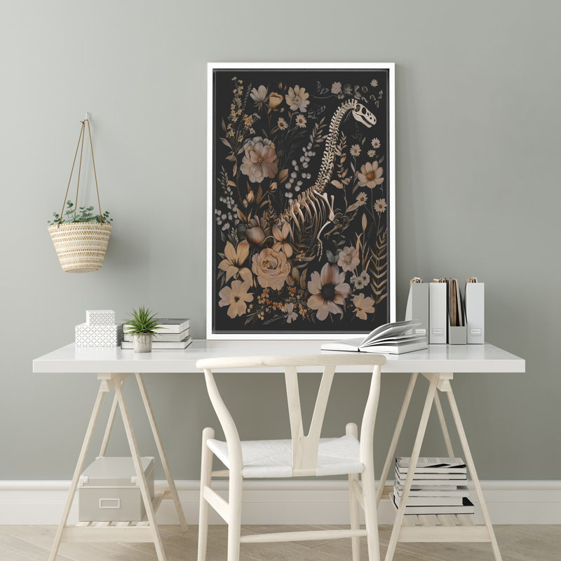 Tête de dinosaure, fleurs sauvages, animaux gothiques maussades, œuvres d'art botaniques florales foncées, Blanc