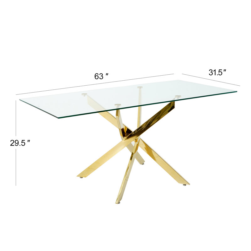 63" Rectangle Glass Dining Table for 4-6 Modern Glass Tabletop Kitchen Table for 4-6 Luxury Dining Room Tables with Metal Base for Home Kitchen Dining Room