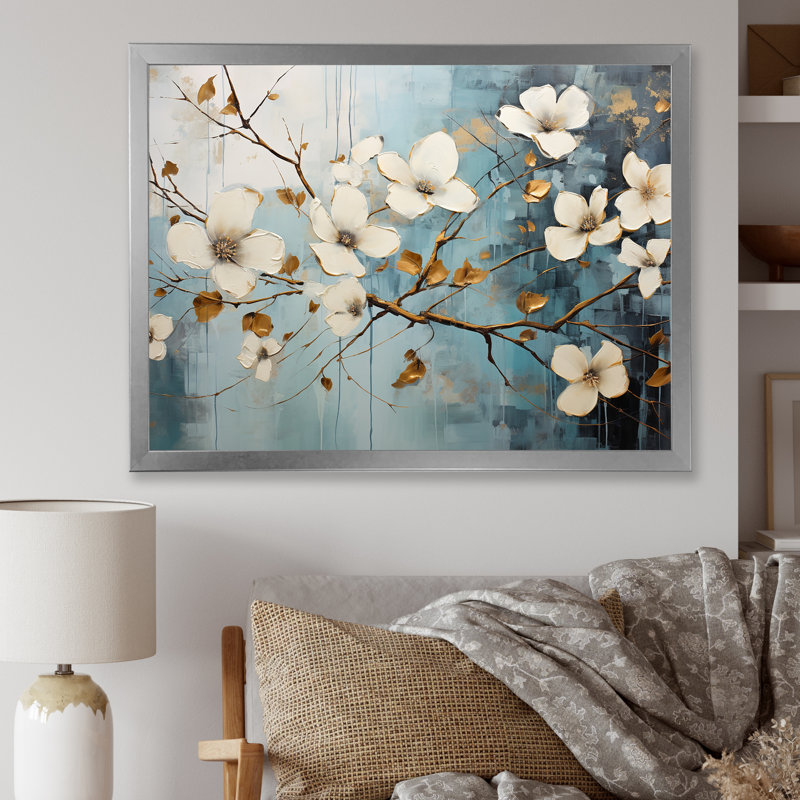 Cornouiller blanc Blossom Dreams IV sur toile, Cadre de coin argenté fermé, H 34 po x l 44 po x P 1,5 po