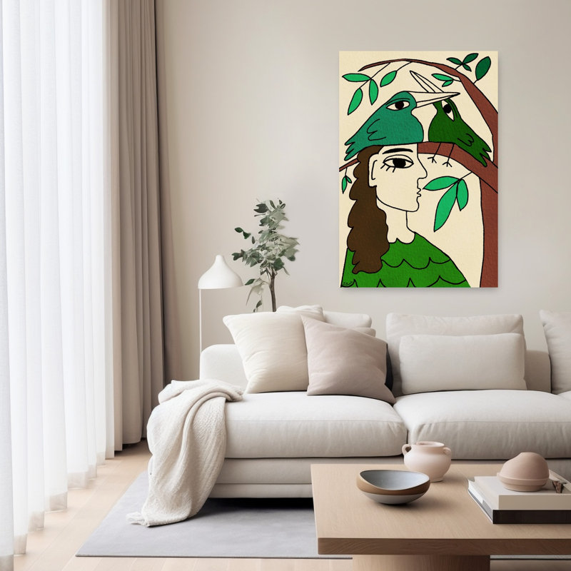 Femme avec des oiseaux verts - Affiche murale moderne, organique et paisible représentant un arbre et la nature