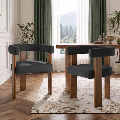 Chaise de salle à manger moderne en chenille à 3 pieds de 17,7 po de hauteur avec structure en noyer et dossier enveloppant (ensemble de 2)