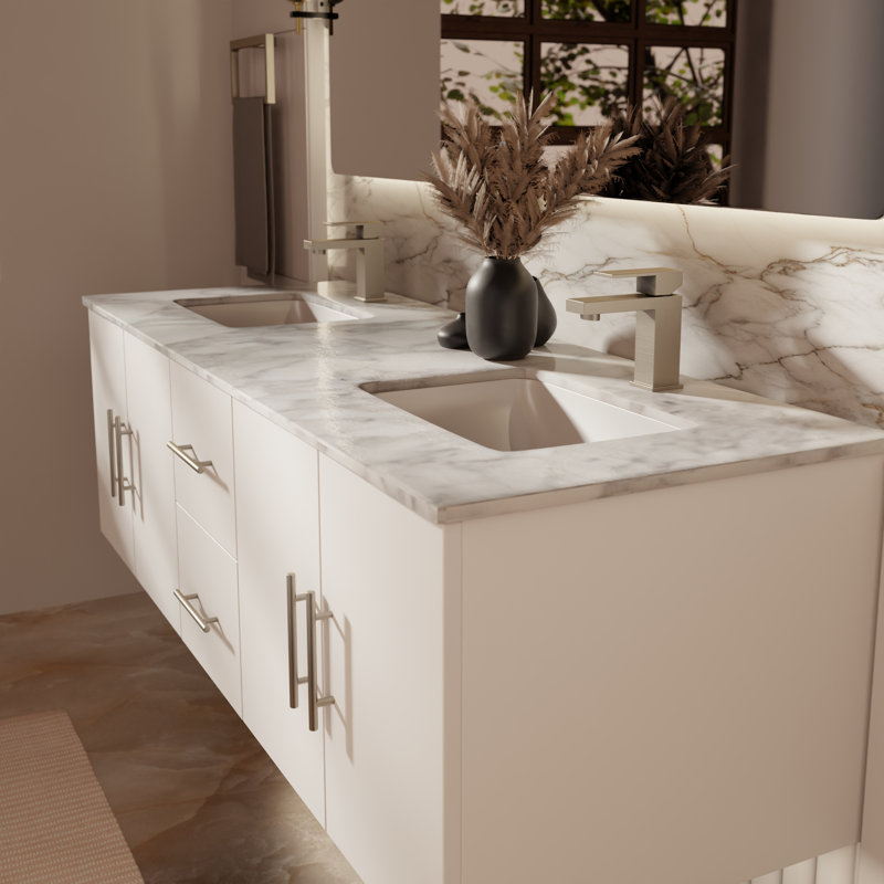 Geneva 60" Wall-Mounted Double Bathroom Vanity Set, Glossy White, White Carrara Marble