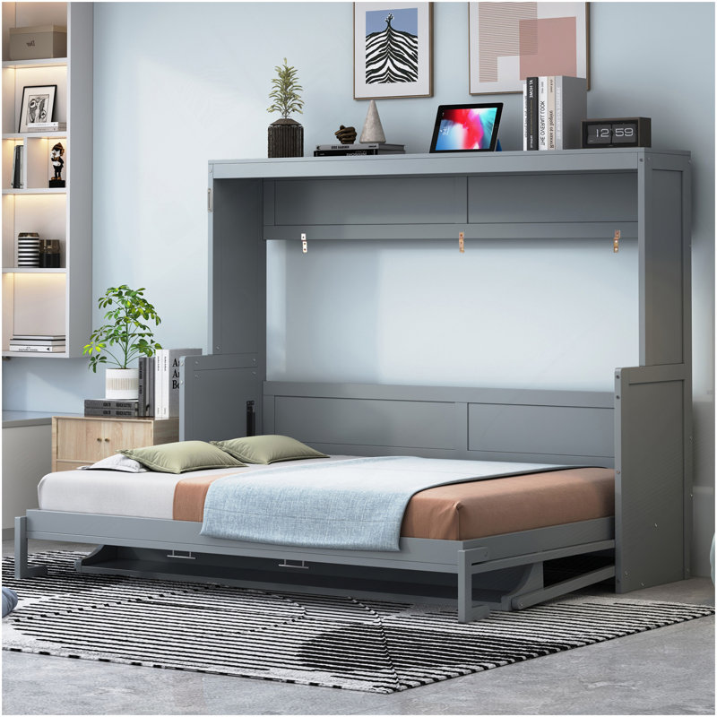 Lit escamotable double avec bureau à levage hydraulique, gris, Gris, Full