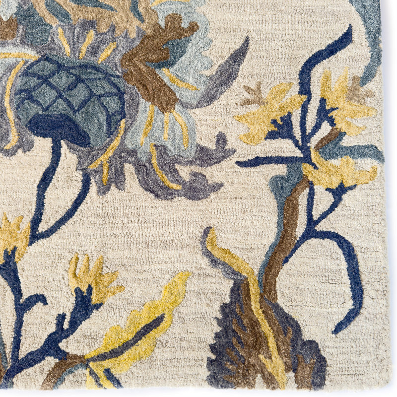 Handmade Light Blue and Yellow Wool Floral Rectangular Rug