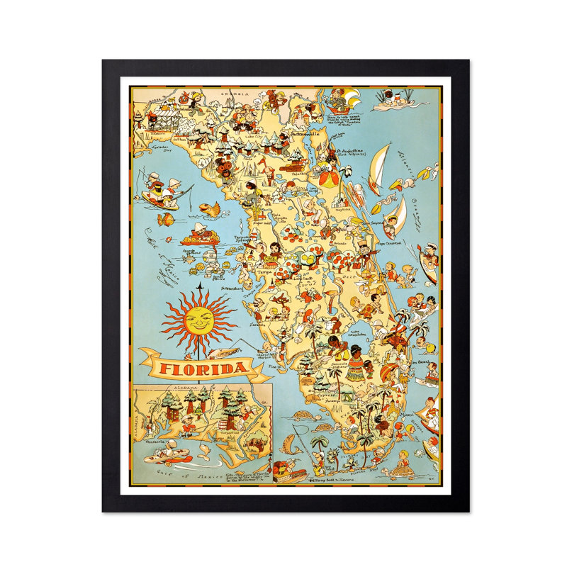 Carte illustrée de la Floride, Cadre noir, Affiche, H 12 po x l 16 po