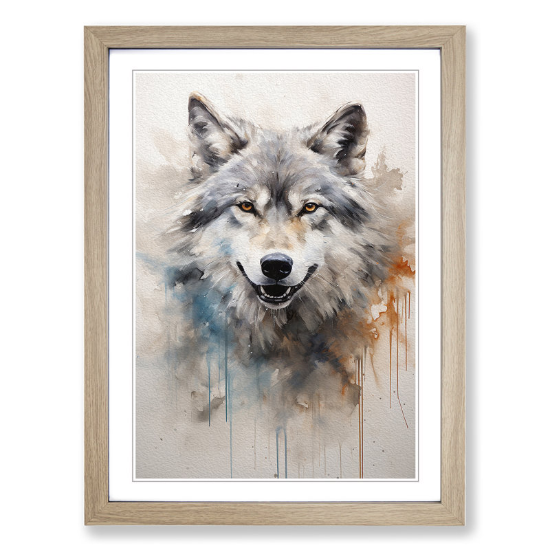 Wolf Gestural No.2 - Single Picture Frame Print on Wood, 34cm H x 25cm W x 2cm D, Oak