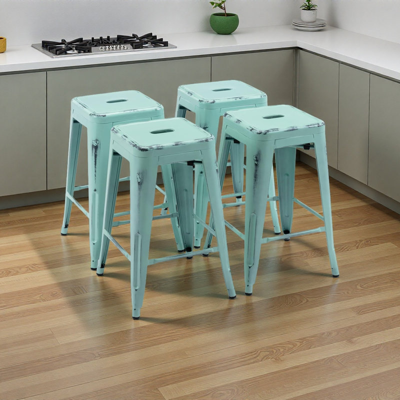 Metal Bar Stools Set of 4, Counter Height Bar Stools 24 Inches Industrial Bar Chairs Patio Stool Indoor-Outdoor Counter Height Stools with Square Seat
