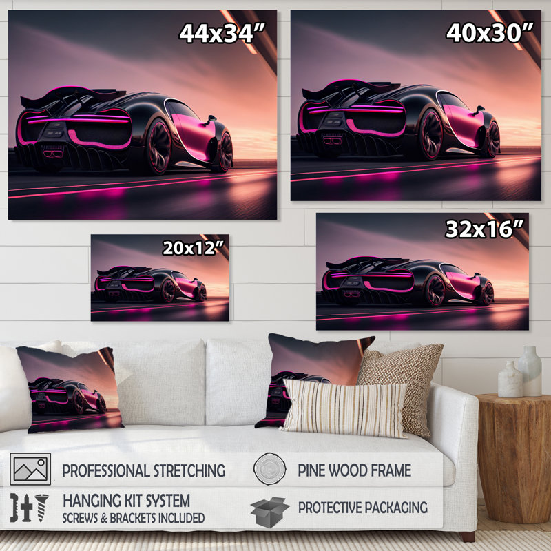 Conception visionnaire de Bugatti en noir et magenta VI - reproduction sur toile, H 12 po x l 20 po x P 1 po, Toile tendue