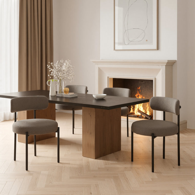 Dining Chairs Modern Teddy Fabric Upholstered Chairs with Curved Backrest and Black Metal Legs, 4, Grey