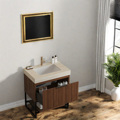 Ensemble de meubles-lavabos de luxe, plateau en pierre de marbre avec lavabo en céramique Roma, armoire de rangement moderne