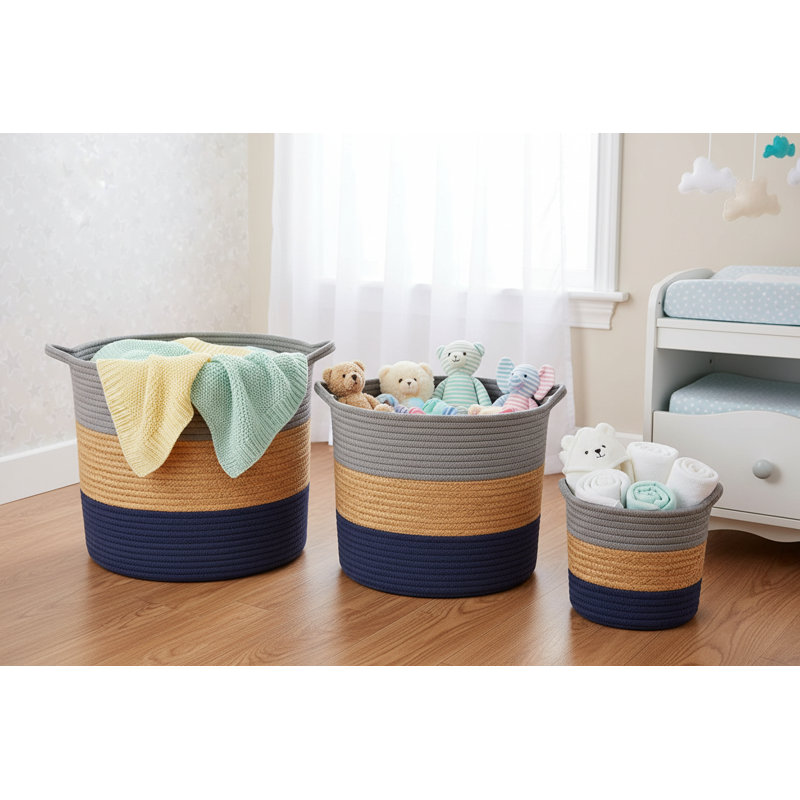Ensemble de panier à linge tissé en corde de coton 3 pièces avec poignée