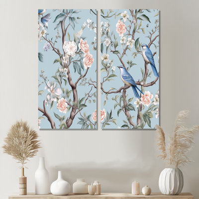 Chinoiserie With Birds And Peonies XI - Floral Floral Canvas Wall Art 2-Panels