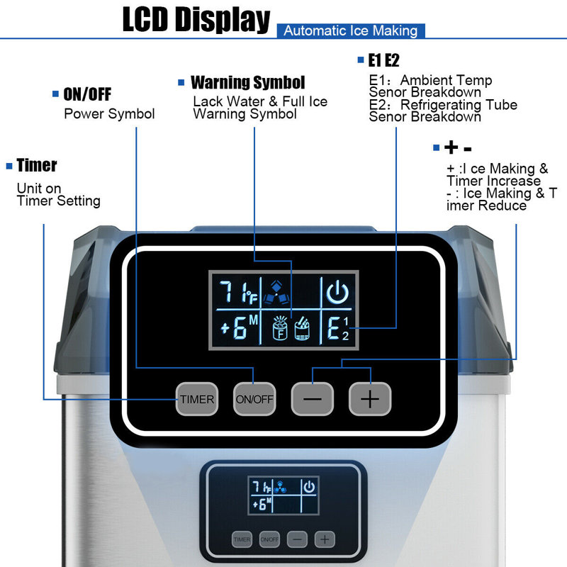 Silver Stainless Steel Portable Ice Maker with LCD Display