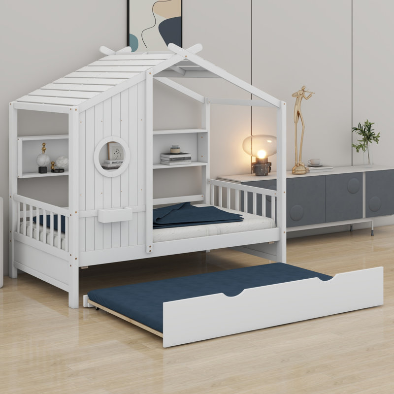 Lit en bois en forme de maison avec lit gigogne et tablettes de rangement, Lit simple, Blanc