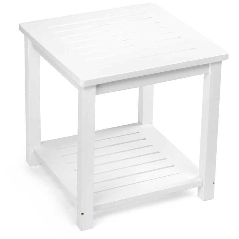 White Solid Wood 2-Tier Square Patio Side Table, White