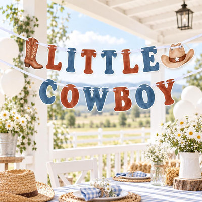 Little Cowboy Birthday Banner, Rust Denim Western Boots and Hat, Cardstock Garland