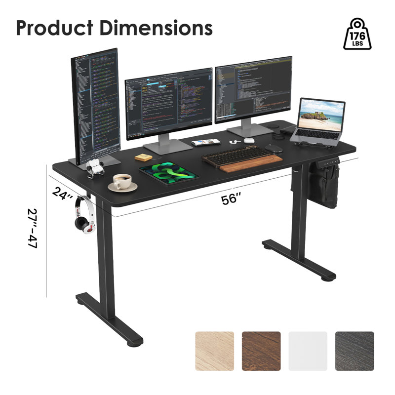 Bureau de travail électrique à hauteur réglable, Noir, H 45,02 po x l 56,32 po x P 24,02 po, Noir