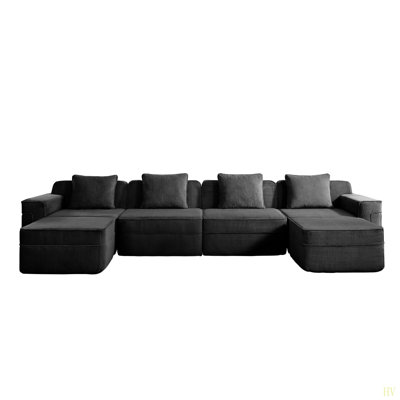 Modular 4 Seat U Shape Sectional Boneless Sofa, Cloud Sectional Couch With Deep Seat, Modern Modular 4-Seat Sofa Couch With Throw Pillows And 2 Movable Ottomans, Corduroy Fabric