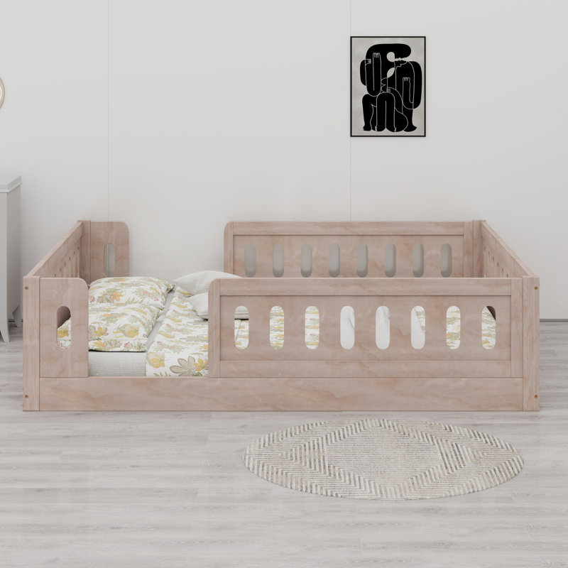 Lit plateforme en bois avec garde-corps, Naturel