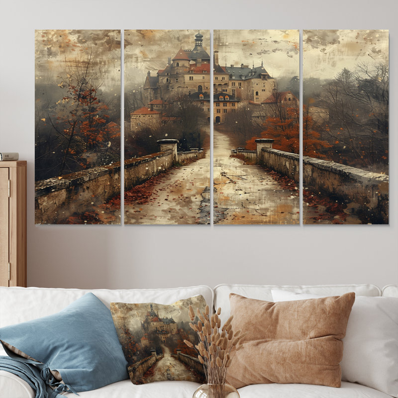 «Beige Orange Autumn Rustic Chateau In Europe I - Chateaus», ensemble de reproduction d'art mural, H 32 po x l 64 po
