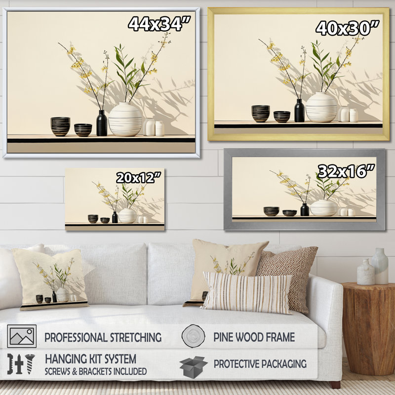White Black Line Art Minimalist Still II On Canvas Print, Cadre flottant noir, H 24 po x l 32 po x P 1 po