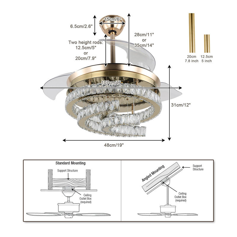 42'' Dimmable Ceiling Fan With Light And Remote Crystal Modern Chandelier Fan Retractable Fandelier With Memory, Silent Motor, 6 Speed, 3 Colour Change, Timer Function(Gold)