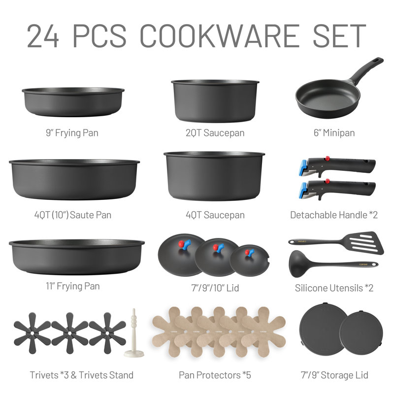 Carote-24 Pieces Nonstick Cookware Set With Detachable Handles, Oven/dishwasher Safe, Grey