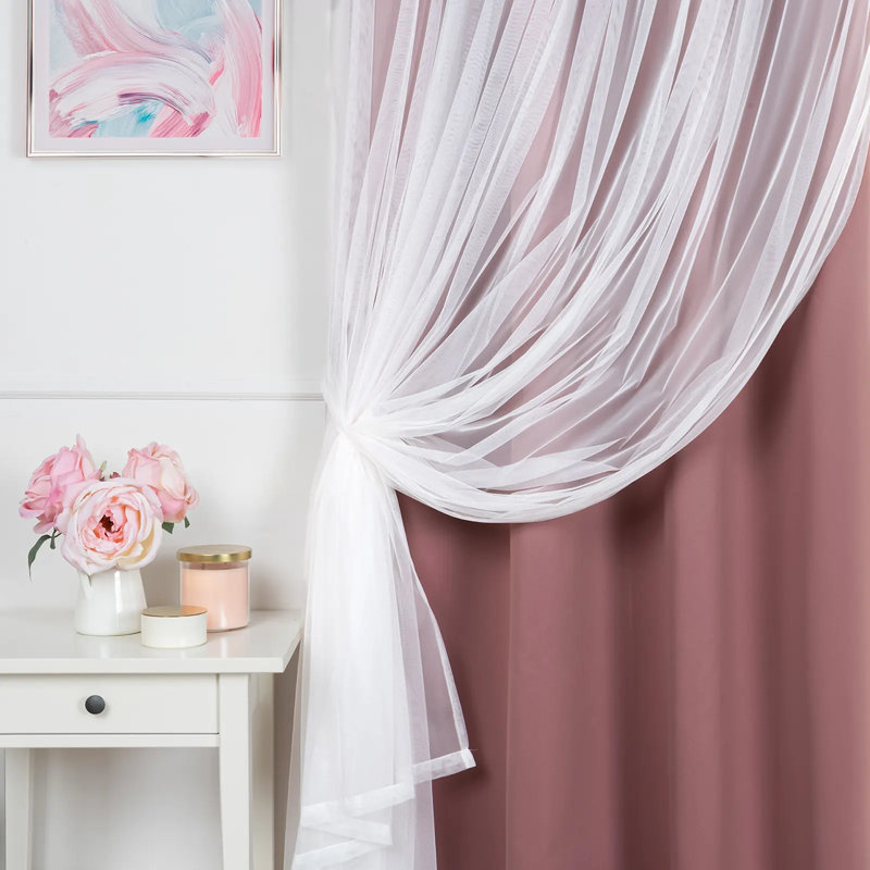 Fortuna Brockham Solid Tulle Overlay Room Darkening Grommet Curtain Panels, Mauve, 52" W x 96" L