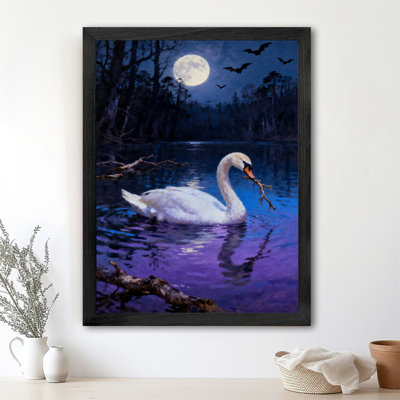 Black Framed Vintage The white swan biting on a tree branch under the moonlight on the purple lake surface Wall Art Retro Style Framed Prints