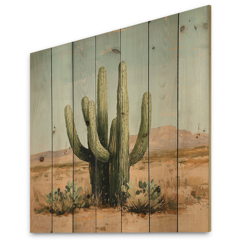 Cactus et les montagnes du désert V - Art mural en bois floral cactus - sur bois de pin naturel