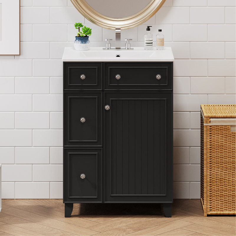 Meuble-lavabo peu encombrant avec lavabo en céramique et beaucoup de rangement, Noir