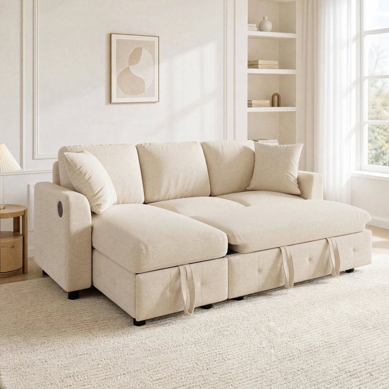 Modern Luxury Chenille Sectional Sofa, Convertible Corner Sleeper Chair Bed, Comfy Couch for Living Room, Beige, L-Shape