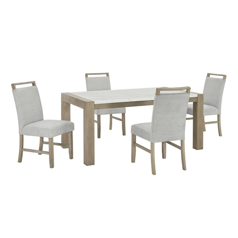 Ensemble de salle à manger 5 pièces avec plateau en faux marbre blanc et pieds en chêne clair pour un repas élégant et fonctionnel