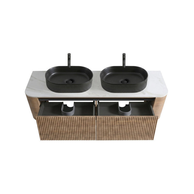 Meuble-lavabo mural de 60 pouces avec lavabo double ovale noir à rayures et tiroirs de rangement, Chêne miel, 60, Noir