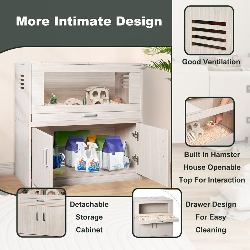 31.5" Wooden Hamster Cage with Hutch and Bridge, Natural Wood