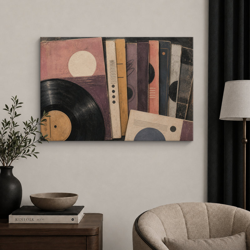 Œuvre de vinyle rétro et épines de livre abstrait, photos de salon, impression sur toile encadrée, Toile tendue