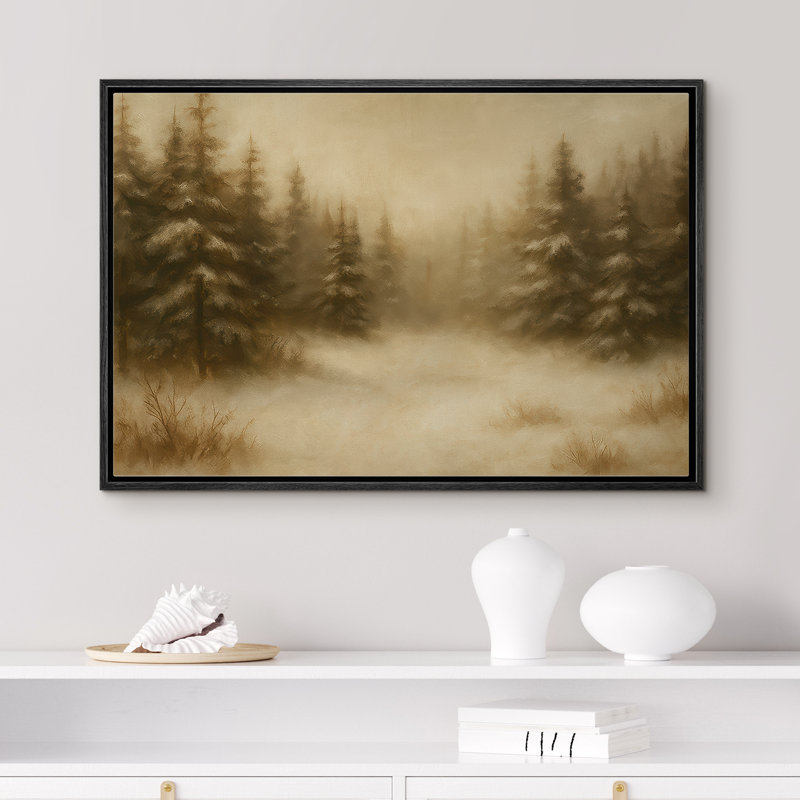 «Snowy Evergreen Forest in Soft Golden Light», reproduction d'art sur toile encadrée dans la chambre principale, Noir