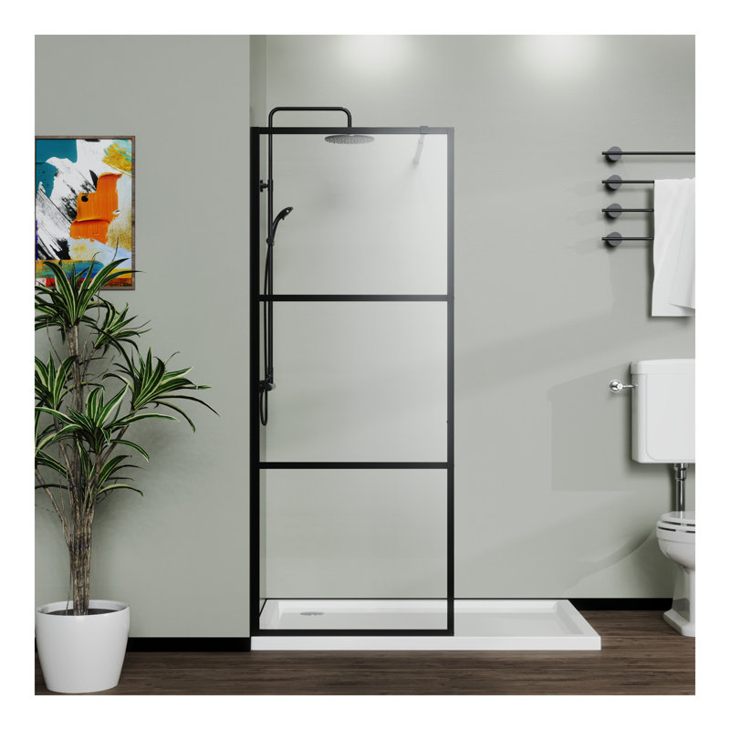 Goodyo 34" Shower Screen Door Walk-in Wet-room, Black, 3-panel Style