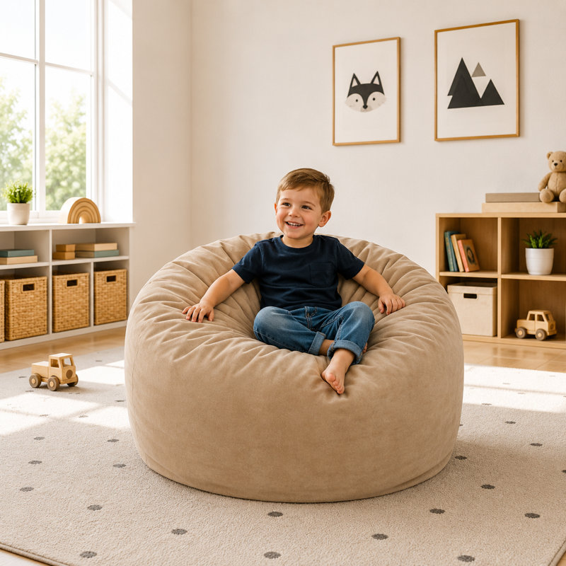  | Fauteuil à billes pour enfant 3 pi | Rembourrage en mousse - Housse lavable amovible, suède brun clair, 20"H x 30"W x 30"D