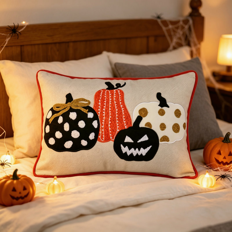 Ensemble de 2 coussins décoratifs lombaires d'Halloween à motif de bonbon ou de bonbon brodés de 14 po x 20 po et de coussins décoratifs rectangulaires en velours noir avec insertions en polyester pour le vestibule d'automne