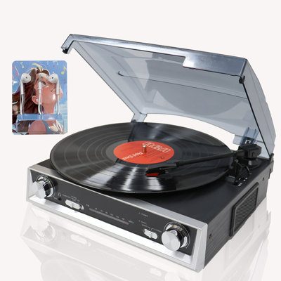 Platine vinyle CrosAudio Vintage à entraînement par courroie, 3 vitesses, avec récepteur radio FM intégré, prise casque 3,5 mm et sortie audio en ligne.