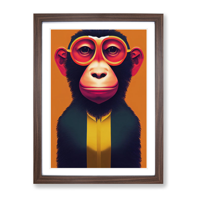 Monkey In Glasses No.4 - Wall Art, 34cm H x 25cm W x 2cm D, Walnut Framed